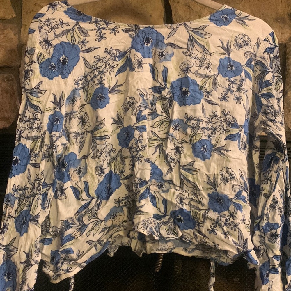 Whimsical Blue & White Bell Sleeve Blouse